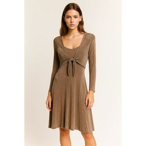 vintage 90s KNIT FIT FLARE DRESS tie front long sleeve stretch beige MEDIUM